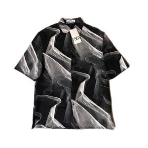 NWT Zara Button Down Shirt Mens S Black Abstract Streetwear Retro Indie Sleaze